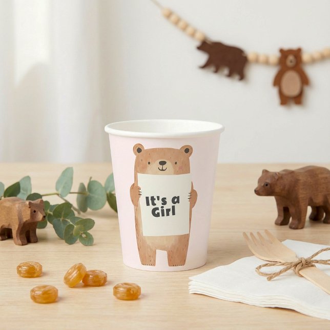 Vasos De Papel Es un rosa Baby Shower de oso Chica (It’s a Girl Bear Baby Shower pink Paper Cups)
