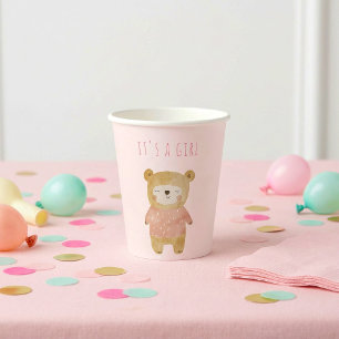 Vasos De Papel Es una Chica acuarela linda Baby Shower rosa oso