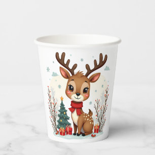 Vasos De Papel Escena adorable de renos de Navidad en un bosque n