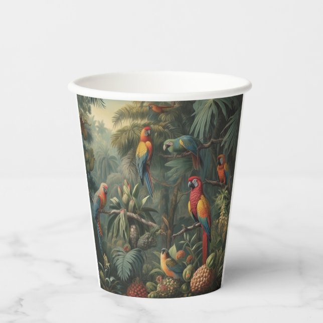 Vasos De Papel Escena botánica de loros y piñas (Anverso)