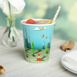 Vasos De Papel Escena del bosque de Origami con montañas Fox y av