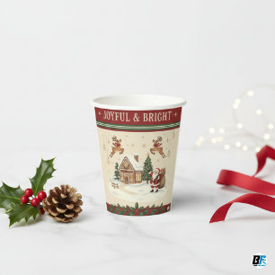 Vasos De Papel Escena invernal de Santa y renos en acuarela vinta
