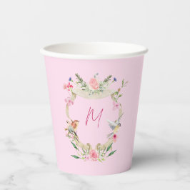 Vasos De Papel Escudo floral Monograma Baby Shower rosa