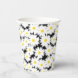 Vasos De Papel Espacio negativo Daisies amarillo blanco sobre neg