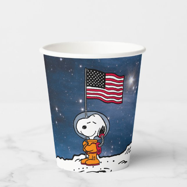 Vasos De Papel ESPACIO | Snoopy Con Astronauta De Bandera (Anverso)