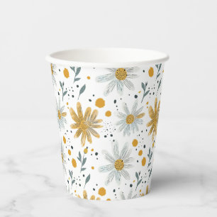 Vasos De Papel Espectacular patrón floral blanco y amarillo