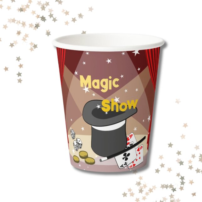 Vasos De Papel Espectáculo mágico Fase de cumpleaños rojo (Magic Show Stage Red Birthday Party Paper Cups, Custom Text, Color, Kids Birthday)
