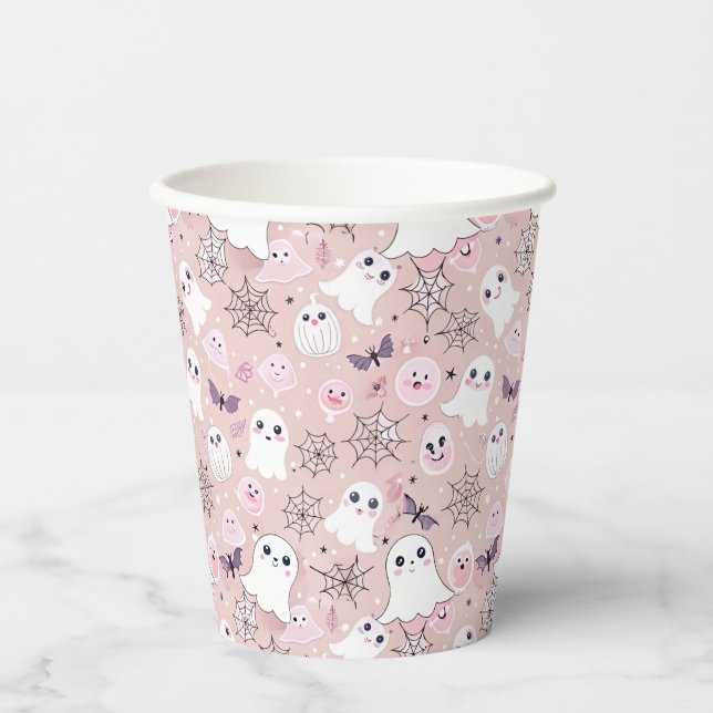 Vasos De Papel Espectadores rosas y elementos de Halloween Patrón (Anverso)