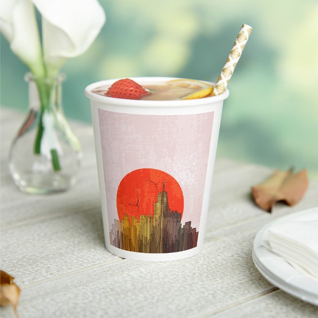 Vasos De Papel Esquina urbana con paisaje de sol rojo (Subido por el creador)