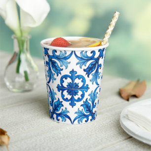 Vasos De Papel estilo italiano, mediterráneo, mosaico, azul,