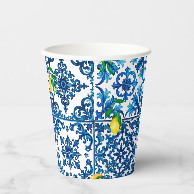 Vasos De Papel estilo italiano, mediterráneo, mosaico, azul, limó (Anverso)