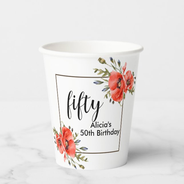 Vasos De Papel Estiloso Red Poppy Flora 50 cumpleaños (Anverso)