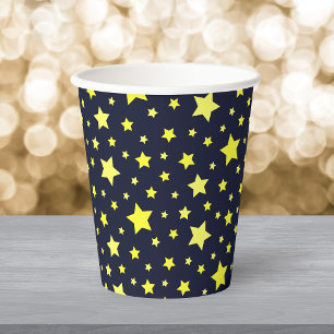 Vasos De Papel Estrellas amarillas y patrón azul oscuro