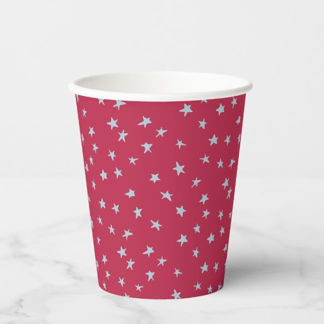 Vasos De Papel Estrellas Azules Garabateadas sobre Rojo (Anverso)