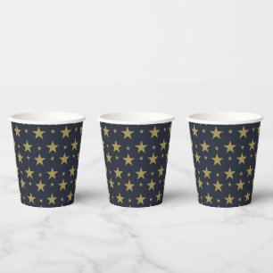 Vasos De Papel Estrellas doradas sobre azul marino - Elegante y a