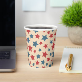 Vasos De Papel Estrellas Rojas y Azules, 4 de Julio, Fondo Beige