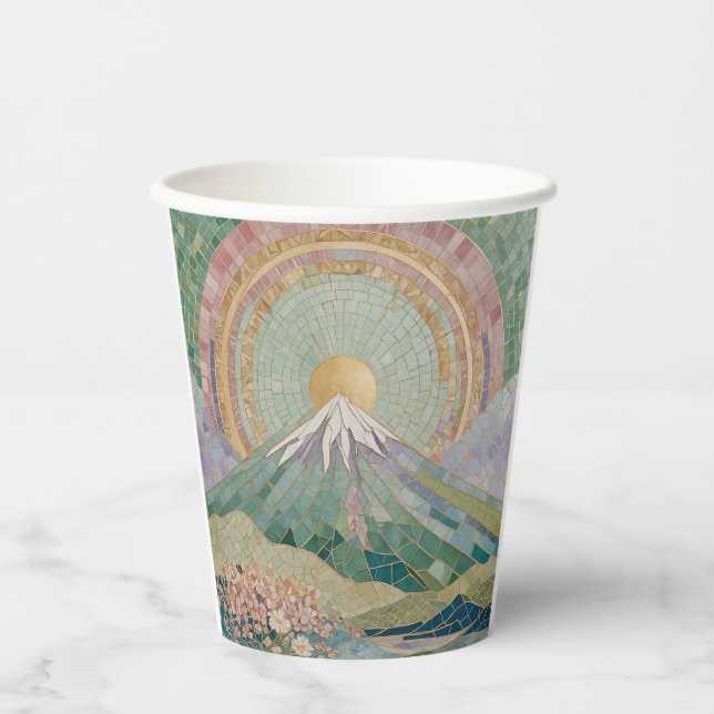 Vasos De Papel Ethereal Bloom: Pastel Mosaic Volcano in Spring (Anverso)