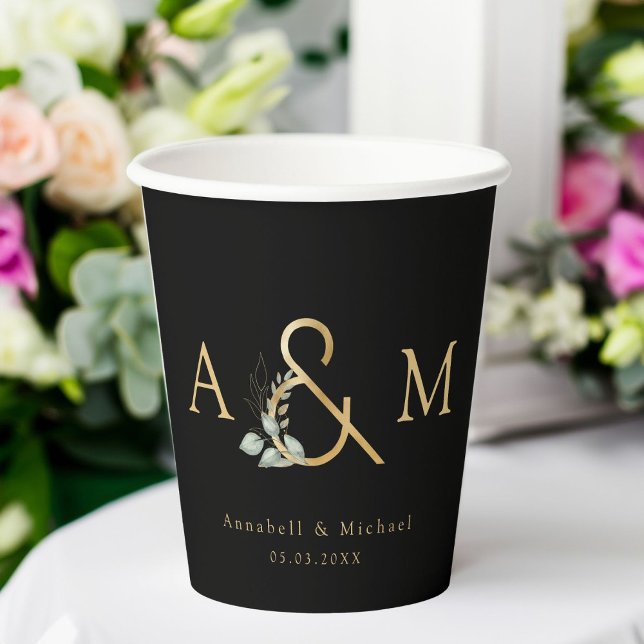 Vasos De Papel Eucalyptus Ampersand Boda (Eucalyptus Ampersand Wedding Paper Cups, Black,Gold, Botanical.)
