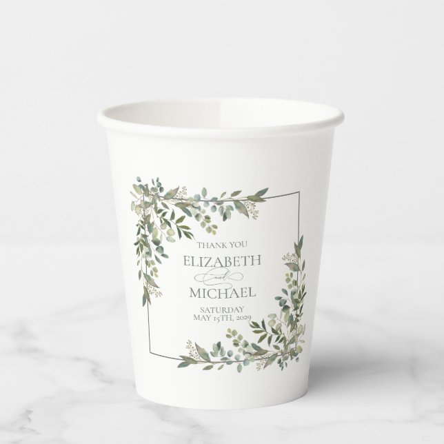 Vasos De Papel Eucalyptus Boda verde salchicha botánica (Izquierda)