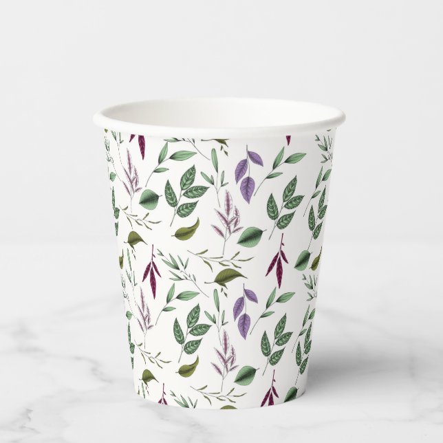 Vasos De Papel Eucalyptus deja helechos boho verde púrpura (Anverso)