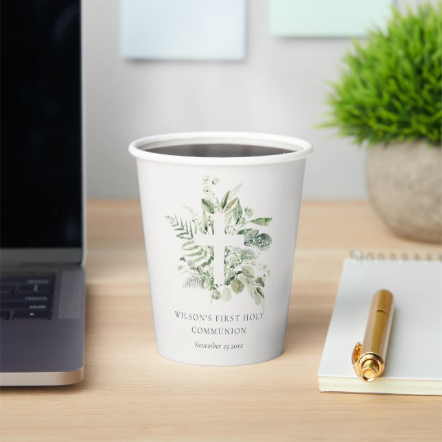 Vasos De Papel Eucalyptus Fern Foliage Cross First Holy Communia (in situ)