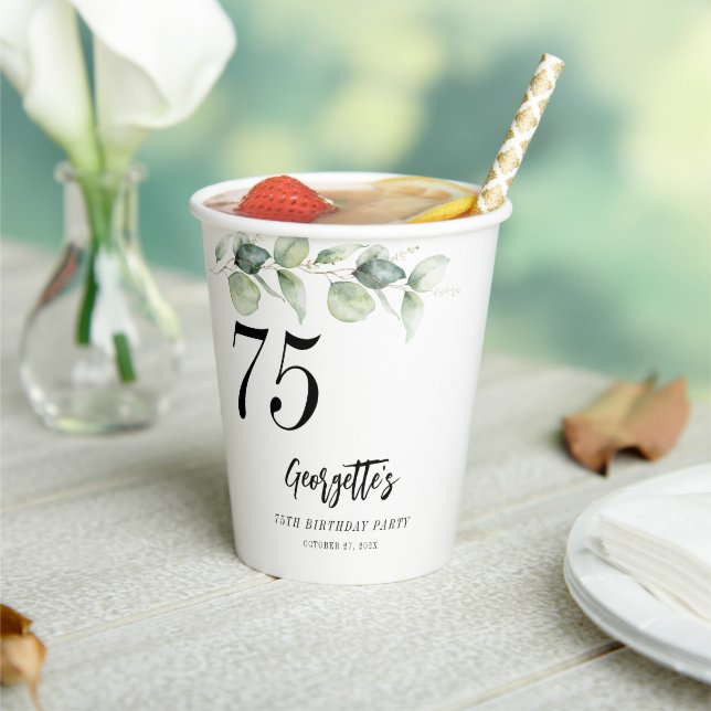 Vasos De Papel Eucalyptus Greenery Watercolor 75º cumpleaños (in situ)