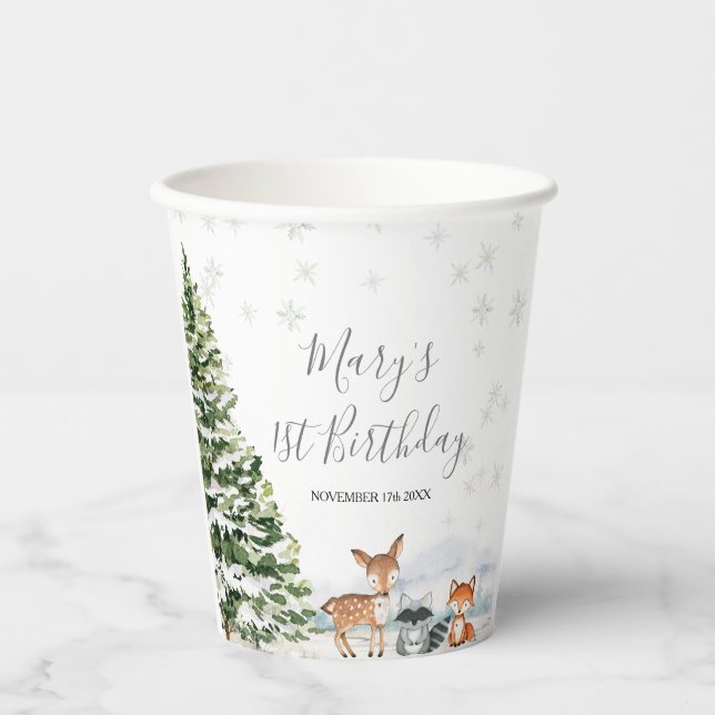 Vasos De Papel Evergreen Animal Winter Onederland Cumpleaños (Anverso)
