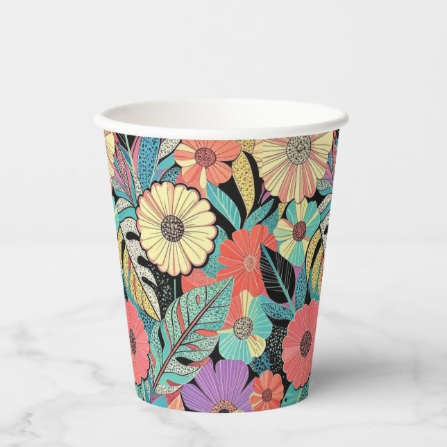 Vasos De Papel Explosión floral retro vibrante (Anverso)