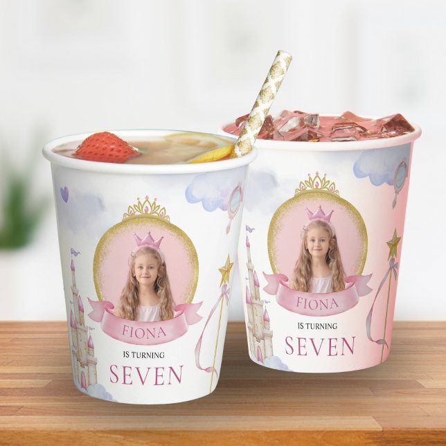 Vasos De Papel Fairytale a la princesa Cute Chica Rosa (Princess Themed Custom Birthday Cups with Photo Glitter Pink & Gold )