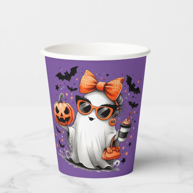 Vasos De Papel Fantasma Chica de Halloween en fondo morado (Anverso)