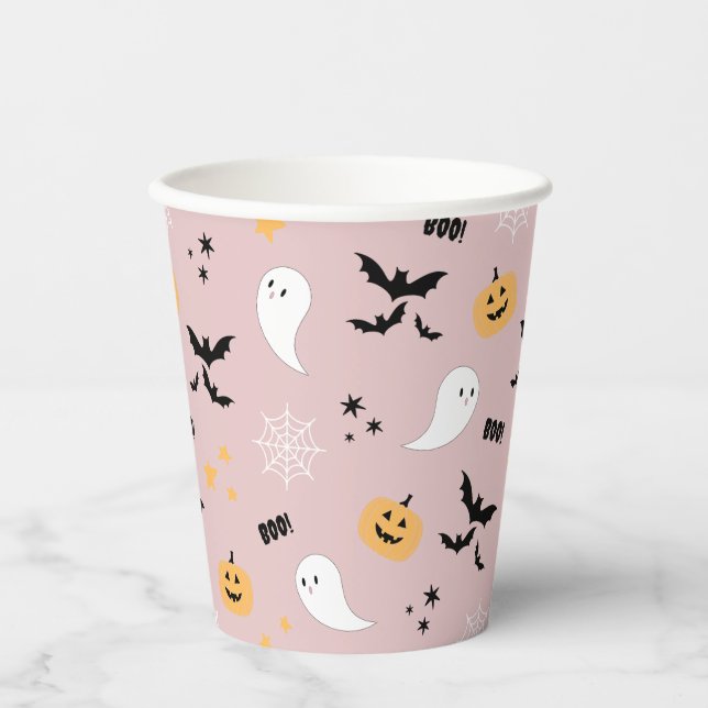 Vasos De Papel Fantasma de Halloween de Pequeño Boo Rosa (Anverso)