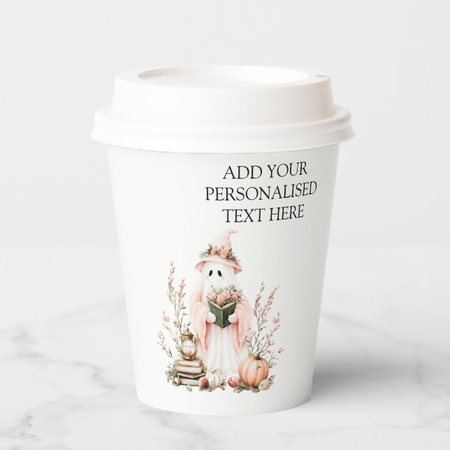 Vasos De Papel Fantasma floral rosada con calabaza Halloween (Anverso)