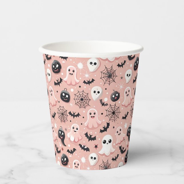 Vasos De Papel Fantasma rosa y patrón sin foco de Halloween (Anverso)