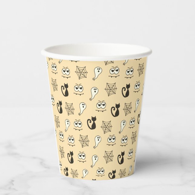 Vasos De Papel Fantasma, telaraña y amarillo gatos negros (Anverso)