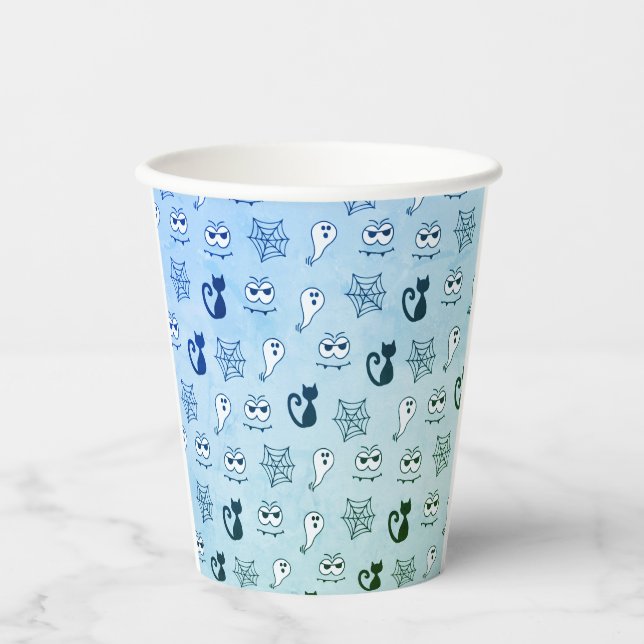 Vasos De Papel Fantasma, telarañas y gatos negros azul (Anverso)