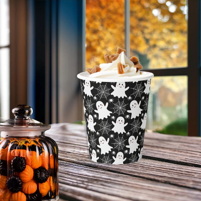 Vasos De Papel Fantasmas de corte | Arañas | Halloween de Spider  (Cute Ghosts, Spiders and Spider Webs Halloween Black and White Patterned Paper Cups)