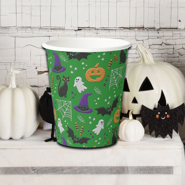 Vasos De Papel Fantasmas de gatos negros murmuran patrón verde Ha (Subido por el creador)