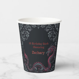 Vasos De Papel Fantástico Cumpleaños 16 Dragón Negro Rojo Damask 