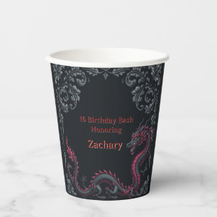 Vasos De Papel Fantástico Cumpleaños 16 Dragón Negro Rojo Damask