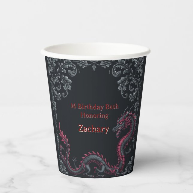 Vasos De Papel Fantástico Cumpleaños 16 Dragón Negro Rojo Damask  (Anverso)