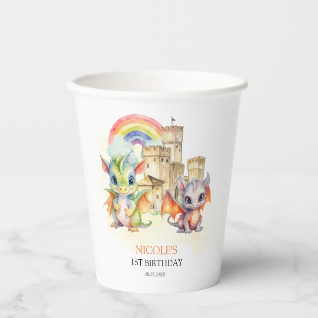 Vasos De Papel Fantasy Cute Dragon Castle Rainbow Kids Cumpleaños (Anverso)