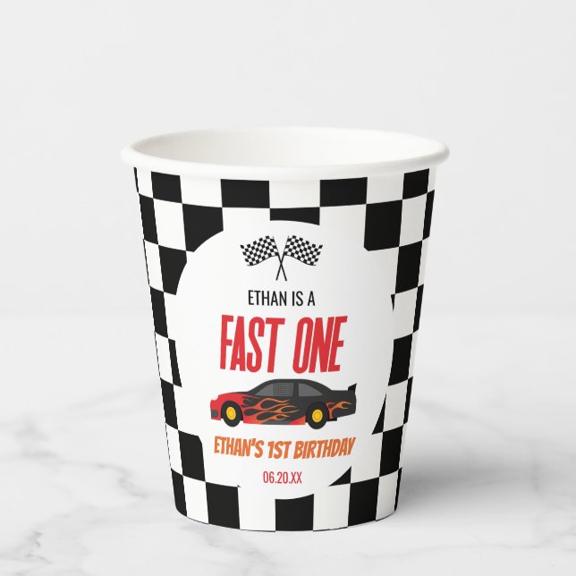Vasos De Papel Fast One Red Flame Race Car Primer Fiesta de cumpl (Anverso)