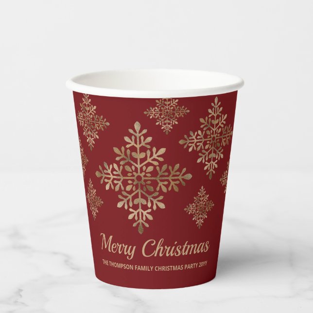 Vasos De Papel Faux Golden Relieve metalizado Snowflakes On Red ( (Anverso)