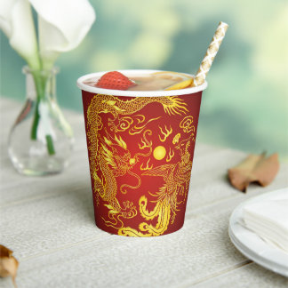 Vasos De Papel Favor de Boda Chino Dragón Fénix Rojo Dorado