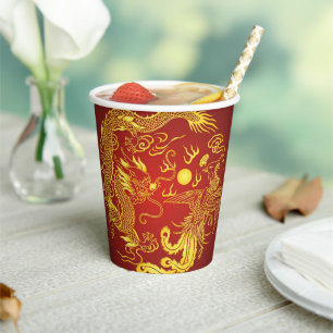 Vasos De Papel Favor de Boda Chino Dragón Rojo Fénix Dorado