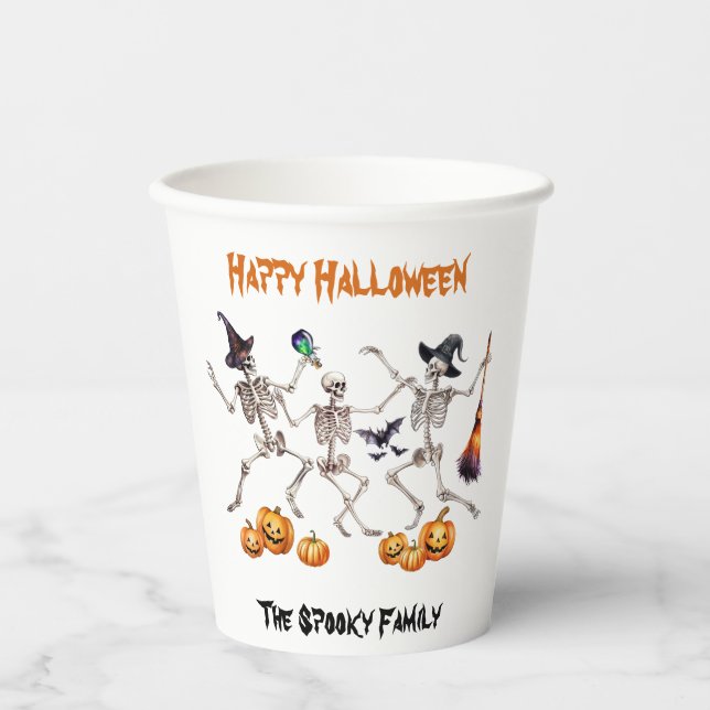 Vasos De Papel Felices esqueletos de baile de Halloween (Anverso)