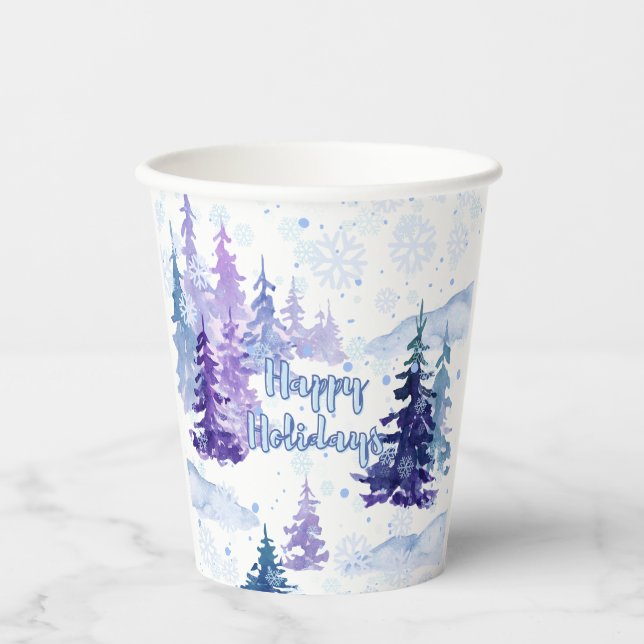 Vasos De Papel Felices fiestas Morado Invierno Árboles Nevados (Anverso)
