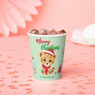 Vasos De Papel Felices fiestas navideñas leopardo de Santa hat