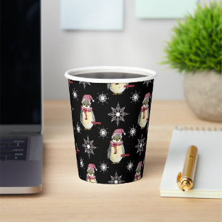Vasos De Papel Felices Fiestas Pingüinos y Copos de Nieve en Negr