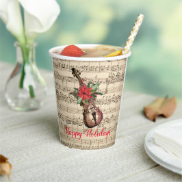 Vasos De Papel Felices Fiestas Violín Antiguo y Partitura